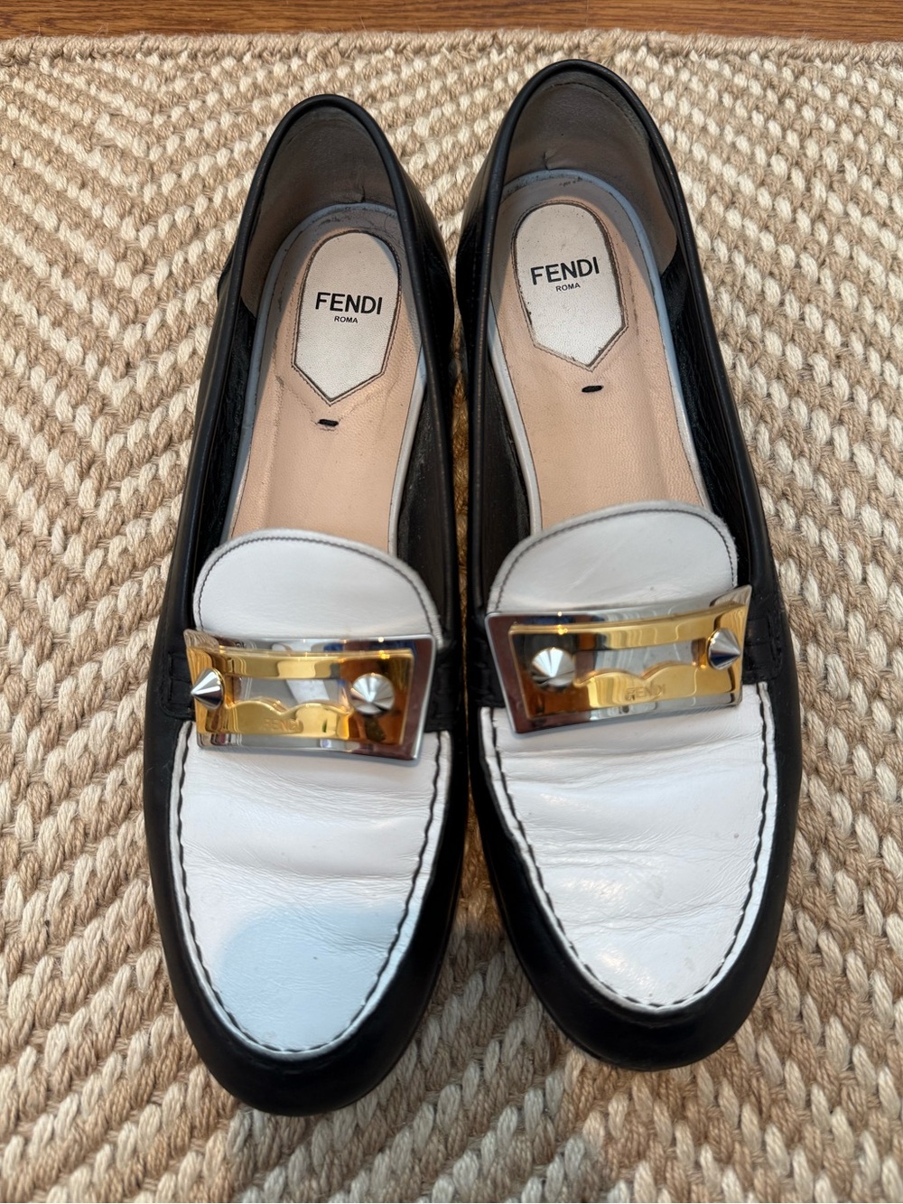 Fendi Roma Black & White Leather Loafers, Size 40